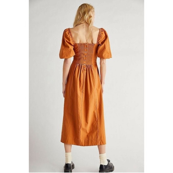 Free People Ain’t She a Beaut Puff Sleeve Midi Ruched Dress Terra Size Small NWT - Picture 3 of 5